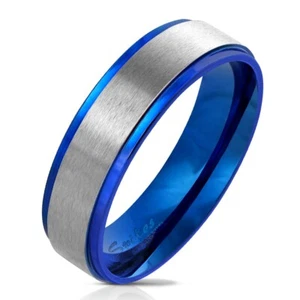 Stainless Steel Brushed Center Wedding Band Ring Black-Blue-Rose Gold Plated - Picture 1 of 5