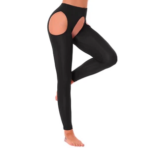 Sexy Women Glossy Skinny Pants Hollow Out Stretchy Crotchless Leggings AU - Picture 1 of 48