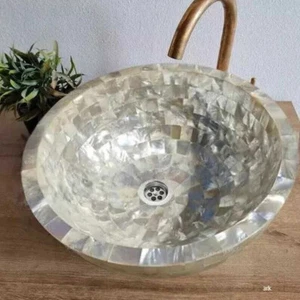 Marble Wash Basin Round Sink Unique Mop Inlaid Stone Home Decor Gifts - Picture 1 of 7