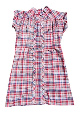 Vintage Women's Large Red/Blue Plaid Short-Sleeve Dress Collared Pleated Front - Image 1 of 4