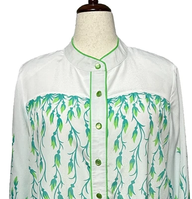 Bob Mackie Топ 1 X Носимый Искусство Белый Зеленый Синий Лист Печать На Пуговицах Карьера - Изображение 1 из 4