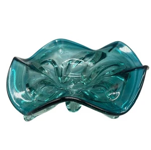 Murano Kunstglas Schale mit Fuß Controlled Bubble Freeform Glas Türkis LESEN - Bild 1 von 7