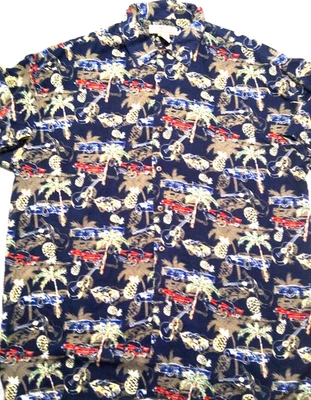 Natural Issue Hawaiian XL Shirt Mens All Over Pineapple Cars Ukulele Rayon - Image 1 of 4