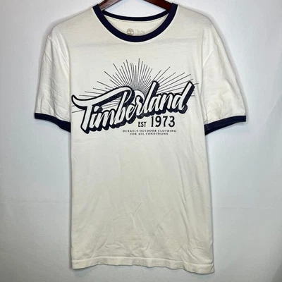 Timberland Ringer Tee Men’s XL White Navy Trim Graphic Logo 1973 - Image 1 of 4