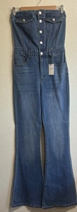 Forever 21 Women’s Strapless Denim Jumpsuit Size Small Flare Leg Romper Western - Picture 1 of 8