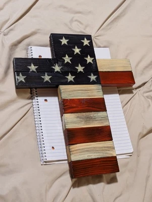 Rustic Distressed Handmade Wooden American Flag Cross Wall Decor Home Decor USA - Image 1 of 4