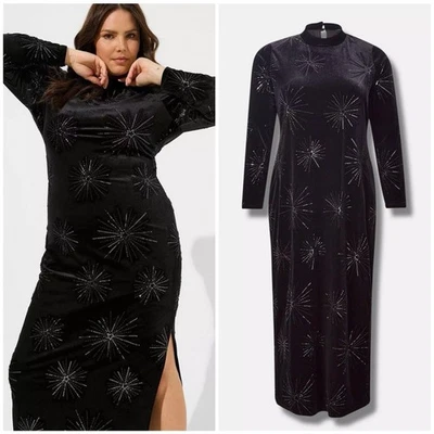 Torrid Maxi Velvet Longsleeve Black Celestial Holiday Whimsigoth Beaded Dress 5X - Image 1 of 4