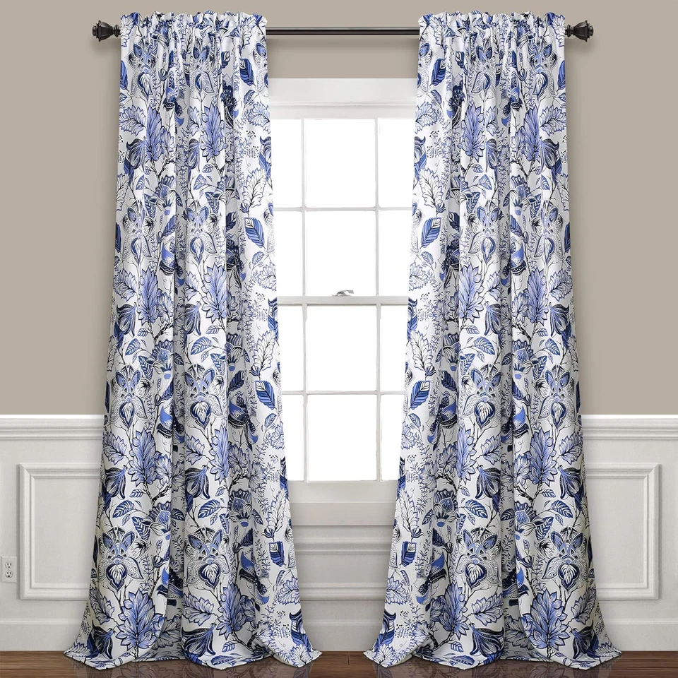 Cynthia Jacobean Room Darkening Window Curtain Blue Set 52x84 2
