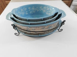 TEMPTATIONS FLORAL LACE BASKET WEAVE 7 PC CASSEROLE DISHES HOT PLATE & RACK RARE - Picture 1 of 24