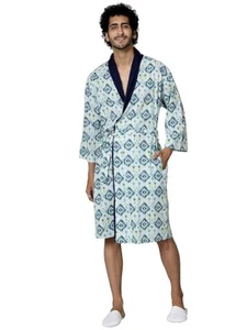 Men's Kimono Bathrobe 100% Cotton Ikat Printed Pajama Sleepwear Night Robe Gown - Picture 1 of 6
