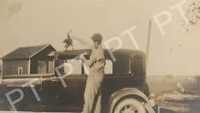 Vtg Original Photo Young Man w/ Early Model Car 1930s Bird? Duck? Farm Life