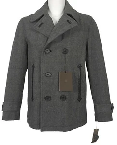 NEW $350 Macy's Tasso Elba Peacoat Jacket! 3/4 Length Gray Plaid Leather Details - Picture 1 of 3