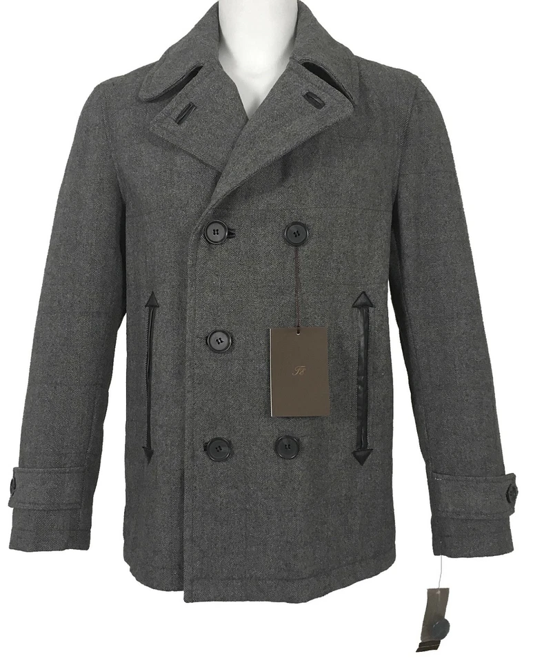 NEW $350 Macy's Tasso Elba Peacoat Jacket! 3/4 Length Gray Plaid Leather Details - Image 1 of 3