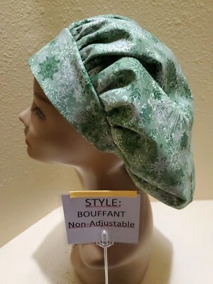 Snowflake (Green) Winter NC Bouffant Women's Surgical Scrub Hat/Cap Handmade - Image 1 of 4