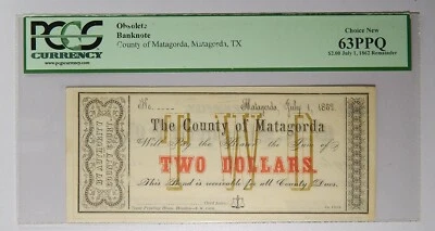 Billete de 2 dólares restantes del condado de Matagorda, Texas de 1862 graduación profesional 63 PPQ Foto 1 de 2