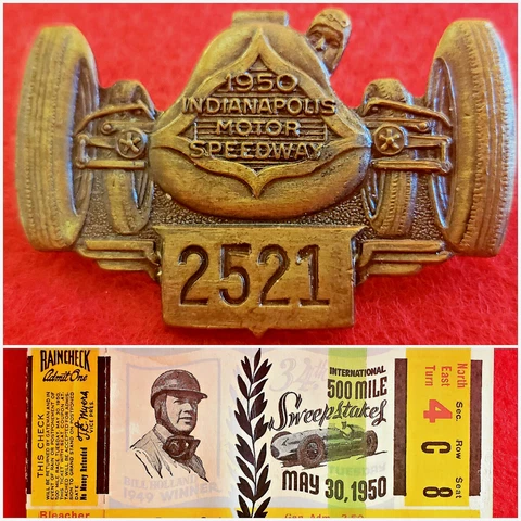 1950 Indy 500 BRONZE Pit Badge #2521 w/Ticket Plus: Johnnie Parsons Sticker! Cover