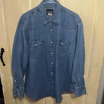 Camisa Wrangler Vintage Adulto Denim Western Pearl Snap Colas Extra Largas XLT Foto 1 de 4