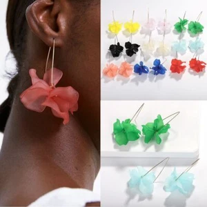 Vintage Bohemia Long Drop Jewelry Flower Earrings Resin Petal Dangle Stud Hook - Picture 1 of 21