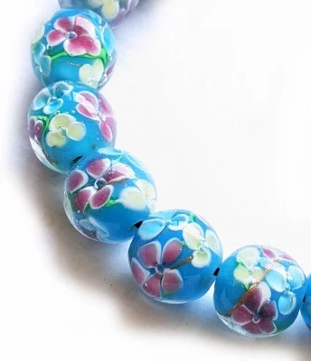 4 cuentas redondas de vidrio murano azul floral 12 mm 4 cuentas (#a88b) Foto 1 de 2