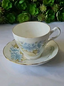 Argyle England Footed Coffee Tea Cup & Saucer Bone China BLUE Flowers Gold Trim - Picture 1 of 9