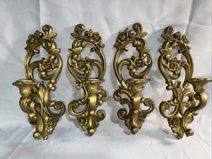 4 VINTAGE 1971 HOMCO GOLD WALL CANDLE SCONCES # 4118 MCM HOLLYWOOD REGENCY - Picture 1 of 5