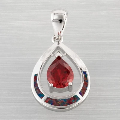 Collar colgante 7x9 simulado granate negro cereza rojo ópalo de fuego plata joyería Foto 1 de 4
