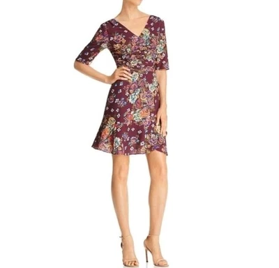 Minivestido Wayf Gabby Deep Wine floral acanalado cuello en V manga hasta el codo: XS Foto 1 de 4