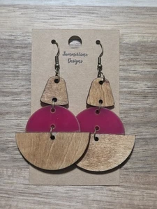 Hand Painted Laser Cut Wood Earrings Geometric Wood & Acrylic 3" - Picture 1 of 1