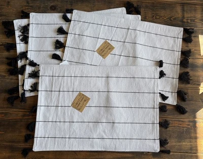 4 Robert Stanley White & Black Placemats with Tassel Fringe Stripes Farmhouse - Image 1 of 4
