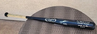 Bate autografiado usado del juego Miguel Tejada 2002 Oakland A's certificado de autenticidad JSA Foto 1 de 4