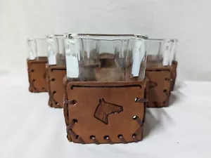 Set 7 Square Glasses Rocks Old Fashioned Lowball Tooled Leather Sleeves w Horses - Picture 1 of 9