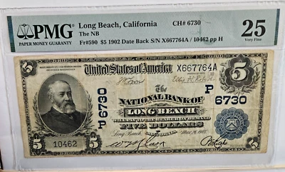 1902 $5 The National Bank of Long Beach California PMG VF25 CH# 6730 - Image 1 of 2