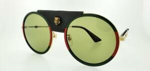 GUCCI 0061S 017 56MM GOLD ROUND FRAME WITH LEATHER GUCCI LOGO - GREEN SUNGLASSES