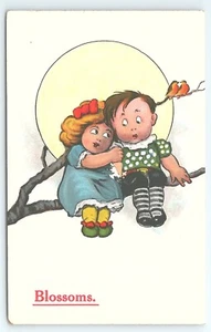 Postcard Blossoms. Boy & Girl in a Tree Full Moon Birds Sweethearts - Picture 1 of 2