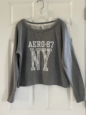 Sudadera Aeropostale Y2K Mujer Grande Recortada Gris Encaje Spellout Slouchy Boxy Foto 1 de 4
