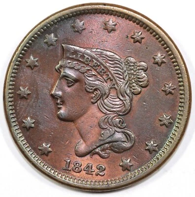 1842 1c N-2 Braided Hair Large Cent *Cleaned/Whizzed* - Image 1 of 2