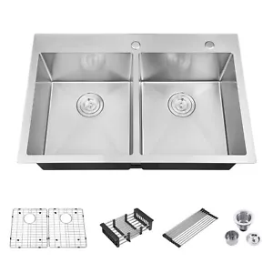 33 x 22 x 9in Scratch-Resistant Nano Double Bowls Drop in Kitchen Sink W/Grid US - Picture 1 of 9