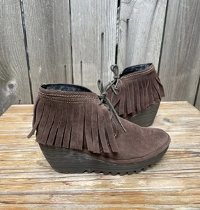 Botín de cuña FLY London Yank marrón gamuza flecos con cordones talla 8 - Imagen 1 de 20