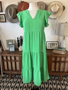 Anthropology THML Green Ruffle Sleeve Mini Dress Sleeveless Cotton Spandex Sz S - Picture 1 of 8