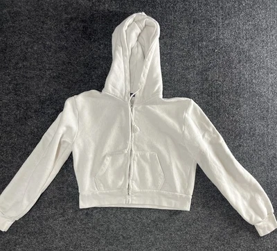 Brandy Melville Sudadera con Capucha Recortada Talla Única Blanca Cremallera Completa Cordón Corto Foto 1 de 4