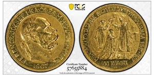 Hungary Franz Joseph I gold "Coronation Anniversary" 100 KOR 1907-KB PCGS AU50 - Picture 1 of 2