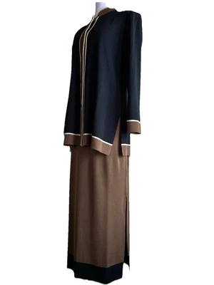 CONJUNTO MISOOK Pequeño (2 Piezas) Negro Tostado Tejido Chaqueta Falda Larga Rayas Carrera Elegante Foto 1 de 4