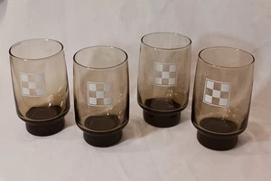 Vintage Set of 4 Purina Brown White Checkered Libbey Glass Drinking Tumblers! - Picture 1 of 7