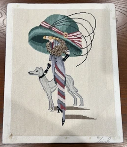 Needlepoint of Teal Elegant Woman w/ Grey Hound Adhered to Foam Board & Signed - Picture 1 of 8