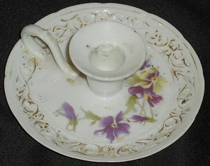 OLD GERMAN? PORCELAIN CANDLE HOLDER, CHAMBER STICK w VIOLETS, GOLD TRIM - Picture 1 of 4