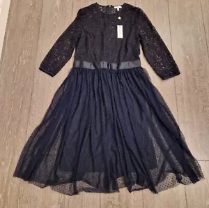 Next Navy Fit And Flare Lace Mesh Polkadot 50s Style Dress Size 14 Rrp £60 - Picture 1 of 3
