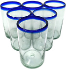 Hand Blown Mexican Drinking Glasses - Set of 6 Glasses with Cobalt Blue Rims (14