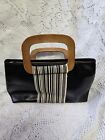 Vintage Kate Spade Leather Bag W Wooden Handles And Canvas Accent Stripes Rare