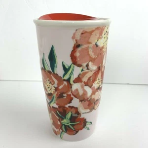 Starbucks Travel Cup Red Pink Floral Flowers w / Lid 2015 Dot Collection 10 oz  - Picture 1 of 7