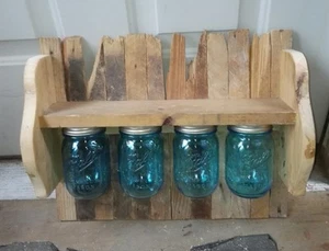Handmade Rustic 4 Blue Mason Jar Shelf with slats, 17x6x14, made to order - Picture 1 of 2